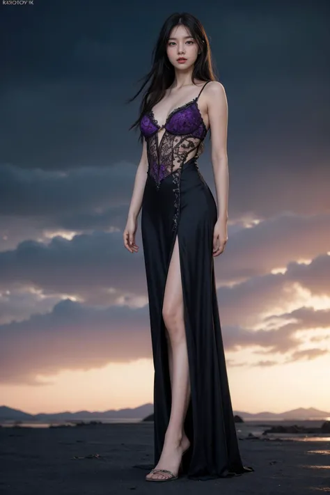 photorealistic,realistic,photography,masterpiece,best quality,ultra-detailed,extremely detailed CG unity 8k wallpaper,(reality: 1.4),1girl,solo,long hair,messy hair,looking at viewer,blue eyes,black hair,wind,floating hair,full body,standing,parted lips,lips,flowing purple satin with intricate details,science fiction,realistic,nose,science fiction,Purple torn dress,Purple air, <lora:jay-purple air:1>