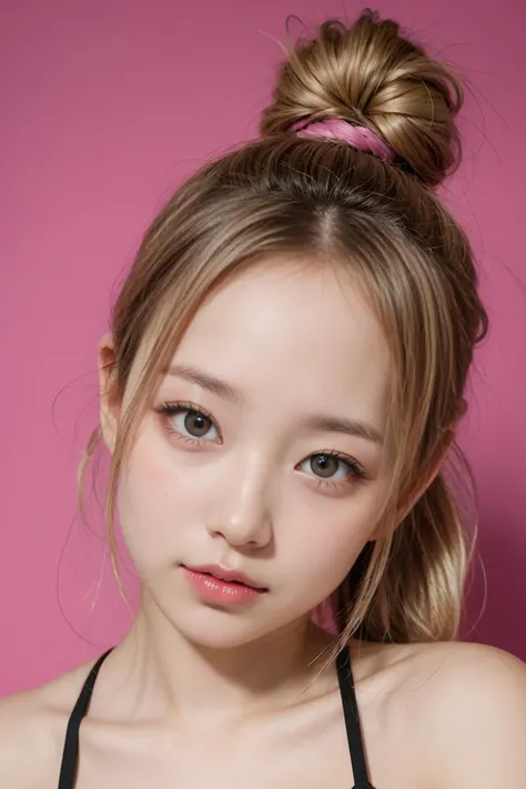 an eye contact of a blond with bun hair and pink theme