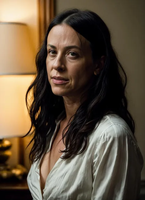 RAW photo of alanismorissette-ti, natural lighting, 8k uhd, dslr, high quality, film grain, Fujifilm XT3, <lora:add_detail:0.7>, by Gregory Crewdson christmas theme