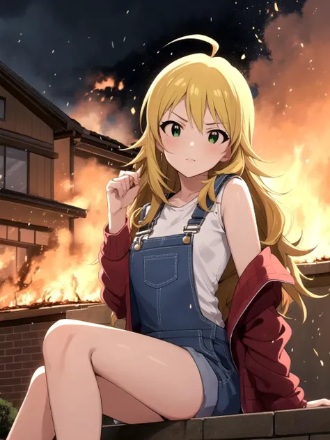 masterpiece, best quality, 1girl, solo, dsmiki, blonde hair, long hair, ahoge, green eyes, Light Purple overalls, Green stockings, sitting, head tilt, standing in front of a house on fire, fire, fire particles, outdoors, raining, ((fire)), detailed background, idolmaster
<lyco:dsmiki_lc_768:1>