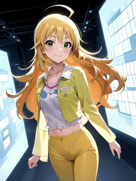 masterpiece, best quality, 1girl, solo, dsmiki, blonde hair, long hair, ahoge, green eyes, Light Orange Capri pants, Neon Pink frilly shirt, walking, kind smile, extraterrestrial life, AI companions, holographic displays, detailed background, idolmaster
<lyco:dsmiki_lc:1>