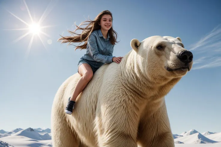 full body,photo of a 18 year old girl,riding on a oversized polar bear,running,happy,looking at viewer,ray tracing,detail shadow,shot on Fujifilm X-T4,85mm f1.2,sharp focus,depth of field,blurry background,bokeh,lens flare,motion blur,<lora:add_detail:1>,