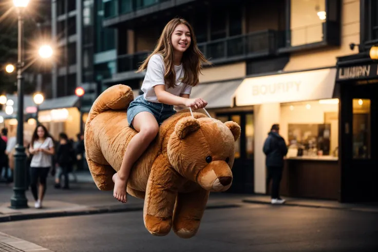 full body,photo of a 18 year old girl,riding on a oversized teddy bear,jumping,happy,looking at viewer,ray tracing,detail shadow,shot on Fujifilm X-T4,85mm f1.2,sharp focus,depth of field,blurry background,bokeh,lens flare,motion blur,<lora:add_detail:1>,
