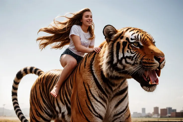full body,photo of a 18 year old girl,riding on a oversized tiger,running,happy,looking at viewer,ray tracing,detail shadow,shot on Fujifilm X-T4,85mm f1.2,sharp focus,depth of field,blurry background,bokeh,lens flare,motion blur,<lora:add_detail:1>,