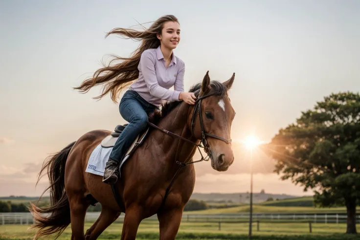 full body,photo of a 18 year old girl,riding on a horse,running,happy,looking at viewer,ray tracing,detail shadow,shot on Fujifilm X-T4,85mm f1.2,sharp focus,depth of field,blurry background,bokeh,lens flare,motion blur,<lora:add_detail:1>,