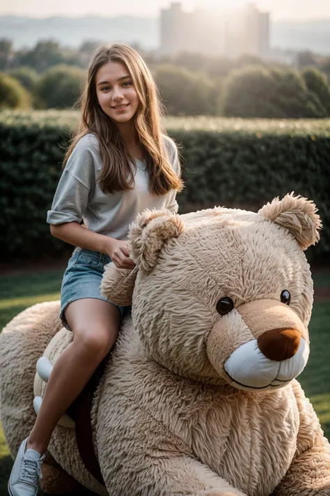 full body,photo of a 18 year old girl,riding on a oversized teddy bear,happy,looking at viewer,ray tracing,detail shadow,shot on Fujifilm X-T4,85mm f1.2,sharp focus,depth of field,blurry background,bokeh,lens flare,motion blur,<lora:add_detail:1>,