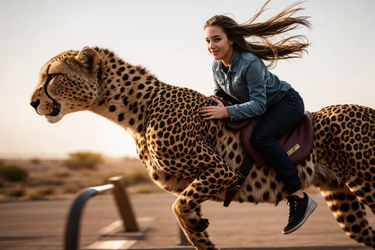 full body,photo of a 18 year old girl,riding on a oversized cheetah,running,happy,looking at viewer,ray tracing,detail shadow,shot on Fujifilm X-T4,85mm f1.2,sharp focus,depth of field,blurry background,bokeh,lens flare,motion blur,<lora:add_detail:1>,