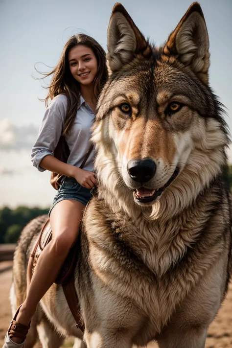 full body,photo of a 18 year old girl,riding on a oversized wolf,happy,looking at viewer,ray tracing,detail shadow,shot on Fujifilm X-T4,85mm f1.2,sharp focus,depth of field,blurry background,bokeh,lens flare,motion blur,<lora:add_detail:1>,