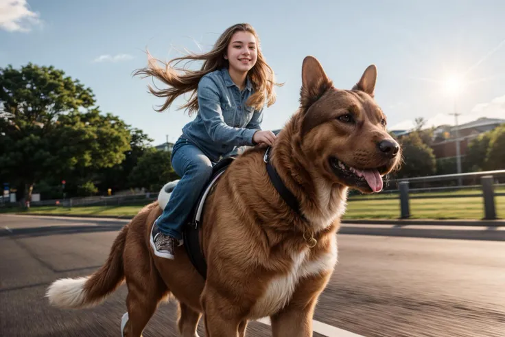 full body,photo of a 18 year old girl,riding on a oversized dog,running,happy,looking at viewer,ray tracing,detail shadow,shot on Fujifilm X-T4,85mm f1.2,sharp focus,depth of field,blurry background,bokeh,lens flare,motion blur,<lora:add_detail:1>,