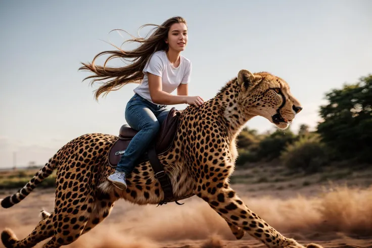 full body,photo of a 18 year old girl,riding on a oversized cheetah,running,happy,looking at viewer,ray tracing,detail shadow,shot on Fujifilm X-T4,85mm f1.2,sharp focus,depth of field,blurry background,bokeh,lens flare,motion blur,<lora:add_detail:1>,