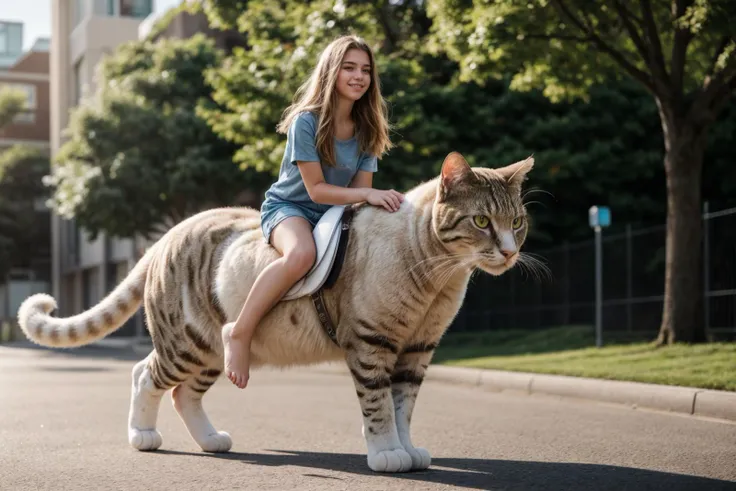 full body,photo of a 18 year old girl,riding on a oversized cat,running,happy,looking at viewer,ray tracing,detail shadow,shot on Fujifilm X-T4,85mm f1.2,sharp focus,depth of field,blurry background,bokeh,lens flare,motion blur,<lora:add_detail:1>,
