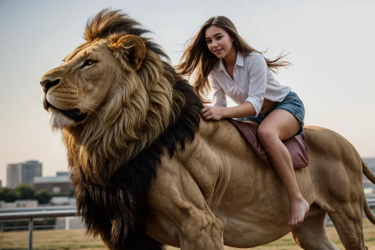 full body,photo of a 18 year old girl,riding on a oversized lion,running,happy,looking at viewer,ray tracing,detail shadow,shot on Fujifilm X-T4,85mm f1.2,sharp focus,depth of field,blurry background,bokeh,lens flare,motion blur,<lora:add_detail:1>,