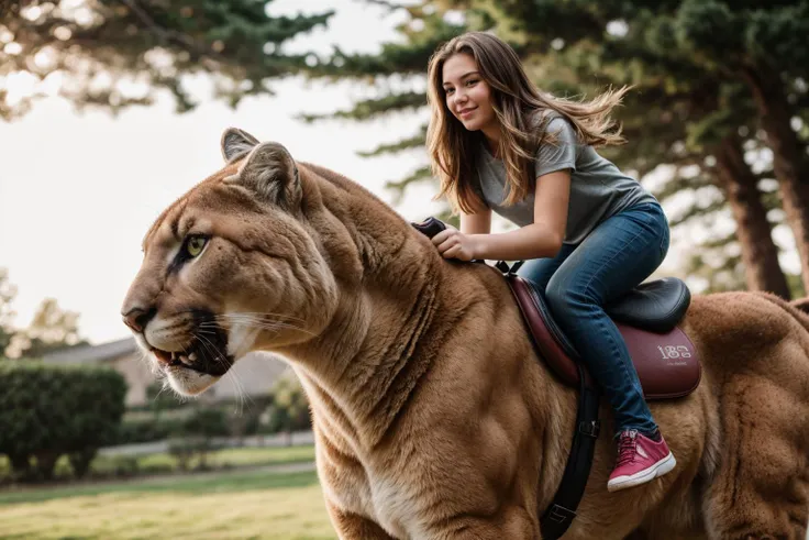 full body,photo of a 18 year old girl,riding on a oversized cougar,running,happy,looking at viewer,ray tracing,detail shadow,shot on Fujifilm X-T4,85mm f1.2,sharp focus,depth of field,blurry background,bokeh,lens flare,motion blur,<lora:add_detail:1>,