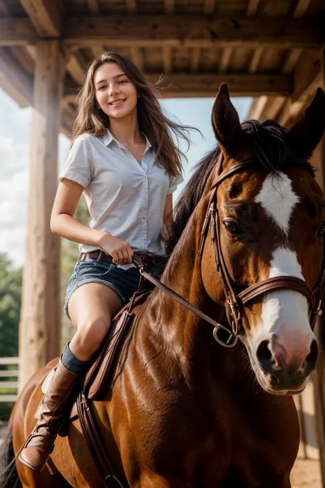 full body,from below,photo of a 18 year old girl,riding on a horse,happy,looking at viewer,ray tracing,detail shadow,shot on Fujifilm X-T4,85mm f1.2,sharp focus,depth of field,blurry background,bokeh,lens flare,motion blur,<lora:add_detail:1>,