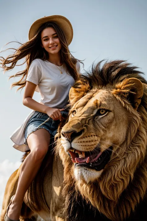 full body,from below,photo of a 18 year old girl,riding on a oversized lion,happy,looking at viewer,ray tracing,detail shadow,shot on Fujifilm X-T4,85mm f1.2,sharp focus,depth of field,blurry background,bokeh,lens flare,motion blur,<lora:add_detail:1>,