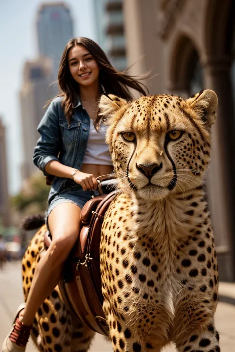 full body,photo of a 18 year old girl,riding on a oversized cheetah,happy,looking at viewer,ray tracing,detail shadow,shot on Fujifilm X-T4,85mm f1.2,sharp focus,depth of field,blurry background,bokeh,lens flare,motion blur,<lora:add_detail:1>,