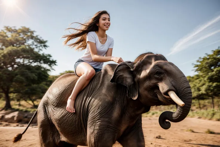 full body,photo of a 18 year old girl,riding on a elephant,running,happy,looking at viewer,ray tracing,detail shadow,shot on Fujifilm X-T4,85mm f1.2,sharp focus,depth of field,blurry background,bokeh,lens flare,motion blur,<lora:add_detail:1>,