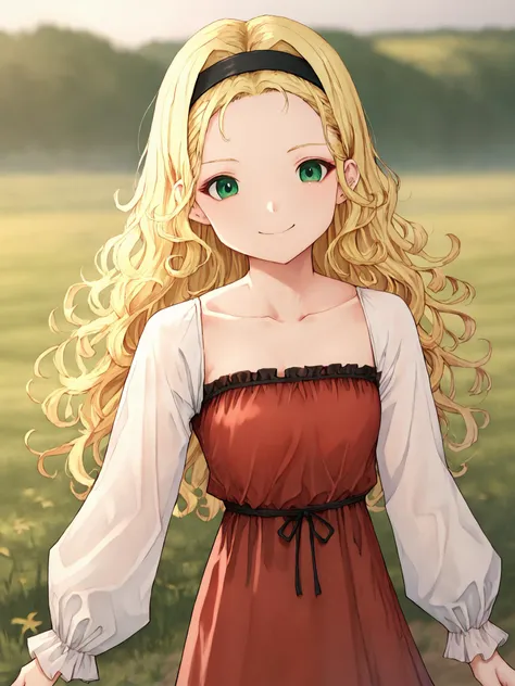 score_9, score_8_up,sharp focus,,  absurdres, highres, illustration, depth of field, outdoors, , field, , muffyxl, 1girl, solo, long hair, blonde hair, red dress,  white sleeves, long sleeves, curly hair, collarbone, green eyes ,black hairband, looking at viewer, smile,    <lora:muffyxl:0.75>     <lora:Chomikuplus-Style-PonyXL-Dora:1>