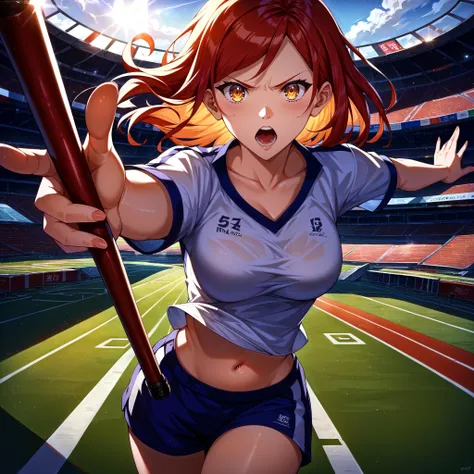 score_9, score_8_up, score_7_up, source_anime, sts-foreshortening-v2, (foreshortening, perspective fisheye lens), (relay race), (1girl, cowboy shot, track uniform, (holding outstretched relay baton, (foreshortening)), outstretched arm, navel, collarbone, (running), sprinting), [open mouth], determined, red hair, yellow eyes, stadium, highres, absurdres, masterpiece, best quality, ultra-detailed, illustration,colorful, masterpiece, best quality, ray tracing, 8k, (extremely detailed), soft lighting, tracing, soft shadows, detailed face, textured skin, backlighting, [lens flare], <lora:StS-SDXL-Foreshortening-v2-Iter9-LyCORIS:0.9>, <lora:StS_detail_slider_v1:2>