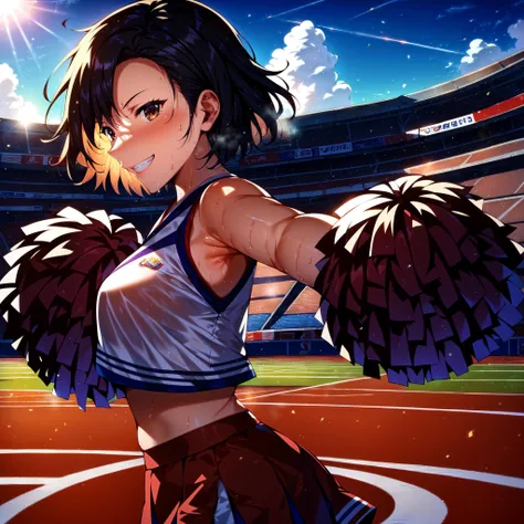 score_9, score_8_up, score_7_up, source_anime, (sts-foreshortening-v2, foreshortening), 1girl, cheerleader uniform, cowboy shot, grin, black hair, brown eyes, profile, from side, looking at viewer, sweat, standing, (foreshortening, (outsretched pom poms), one outstretched arm visible), (very wide shot), fish-eye lens, stadium sidelines, highres, absurdres, masterpiece, best quality, ultra-detailed, illustration,colorful, masterpiece, best quality, ray tracing, 8k, (extremely detailed), soft lighting, tracing, soft shadows, detailed face, textured skin, backlighting, lens flare, [light particles], <lora:StS-SDXL-Foreshortening-v2-Iter9-LyCORIS:1>, <lora:StS_detail_slider_v1:4> 