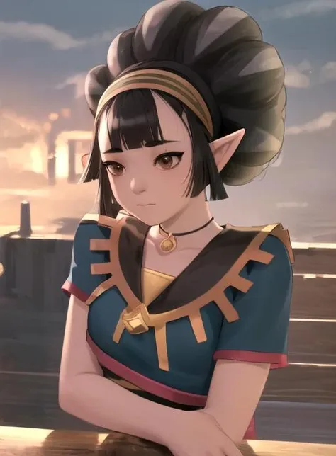 best quality, (masterpiece),(ultra-detailed), (high quality), (high resolution), <lora:kina:.7>,1girl, ^_^, black hair, boots,, brown eyes, closed mouth, cloud, hairband, jewelry, kina, monochrome, necklace, night, short hair, solo, upper body, pointy ears,