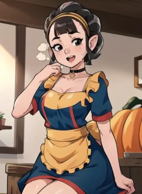 best quality, (masterpiece),(ultra-detailed), (high quality), (high resolution), <lora:kina-10:0.7>, 1girl, apron, assertive female, black eyes, black hair, blurry background, brown eyes, choker, collarbone, food, horns, jewelry, kina, looking at viewer, open mouth, outdoors, peeing, pumpkin, skirt lift, smile, solo, standing, steam, straddling, sweat,