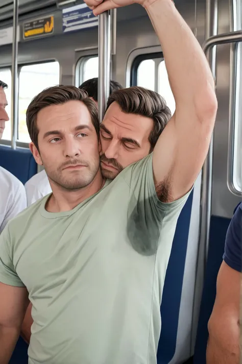 zPDXLxxx, score_9, score_8_up, score_7_up, raw, photo, realistic, BREAK
2boys, holding train bar, public transportation, shirt with sweat,( s3t on:1.3) armpit, (man, masculine, alpha_male:1.2), male musk, male focus, masculine, handsome, upper body, short [blond:0.4] hair, (light-green:1.4) color (t-shirt with sweat:1.3), sleeves, another boy face-pressed to armpit, face on armpit, face buried in armpit, face pressed against, accidental sniffing, train seat, windows, hairy arms, hairy, bara, natural lighting, smelling, body odor, musk,BREAK
raw photo, background is a (subway train:1.3), detailed background, train seat, windows, corridor <lora:Photo 2 Style SDXL_LoRA_Pony Diffusion V6 XL:0>
<lora:sweaty_shirt_PONY_Realistic_v1_18_bm3:1.4:start=2> <lora:Pony_QualityV4.0:0>