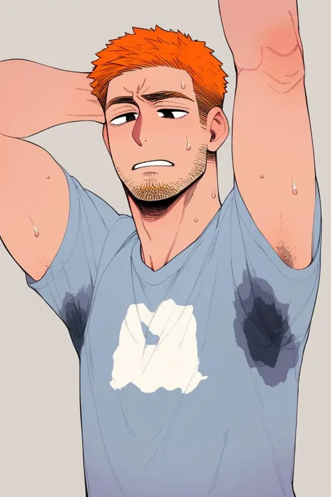 (score_9, score_8_up, score_7_up:1.1), anime art, anime style, vivid colors, (soft line art:1.2), digital art, detailed, BREAK
(1boy:1.2), (s3t onshirt:1.2), shirt with (sweat:0.5), 
A Irish man, gray t-shirt, pointing to his armpit (sweat:1.3), short [ginger::0.5] hair, upper body, face from the chest up, short-sleeved t-Shirt, serious expression, close-up of the man's upper body, 
slim body, short hair, dark eyes, stubble beard, Caucasian, high quality, 
 plain background <lora:sweaty_shirt_PONY_Anime_v1_20_BM1:1.6:start=5>