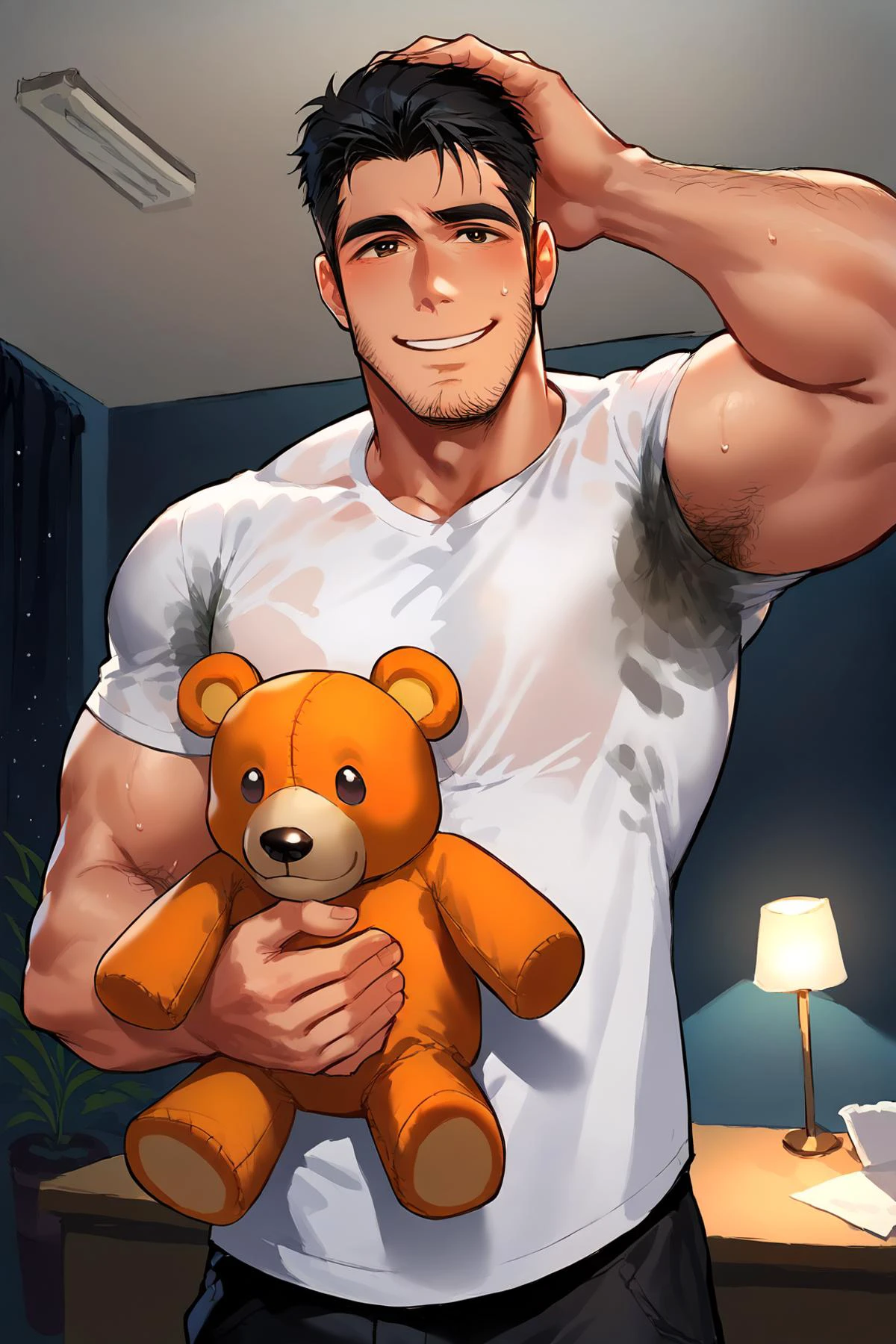 zPDXLxxx, (score_9, score_8_up, score_7_up:1.1), art, concept art, digital painting, source_anime, dark, BREAK
upper body, 1boy, shirt with sweat, s3t on armpit,
rating_safe, 1boy, bara, solo, male focus, mature male, short hair, black hair, brown eyes, (facial hair:1.2), (stubble:1.2), muscular, looking at viewer, cowboy shot, smile, standing, white t-shirt, black pants, teddy bear, stuffed toy, one hand-holding stuffed toy, one-hand-scratching own head, hugging object, indoors, living room, night, BREAK
bedroom background, inside, detailed, night, moonlight
<lora:Pony_QualityV4.0:0.9> <lora:Smooth Style 2 SDXL_LoRA_Pony Diffusion V6 XL:0.85> <lora:Sweaty_shirt_PONY_Anime_v1-20-BM1-Rescale:1>