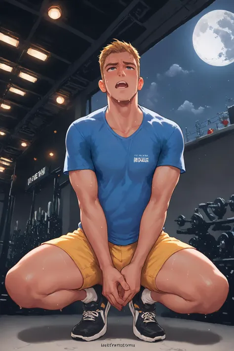 zPDXL, (score_9, score_8_up, score_7_up:1.1), art, concept art, digital painting, source_anime, BREAK
drawing cartoon digital art of a man, 1boy, (hands on ground:1.25), s3t on [armpit:0.1], shirt with sweat, yellow shorts, squatting, black-shoes, high resolution, Masterpiece, front view of Harrison on his shorts wearing a tshirt light-blue-(shirt with sweat:1.3) running in a distant planet moon surface alone, his arms are fully extended and he is posing for the camera BREAK
gym background, detailed, inside
<lora:Pony_QualityV4.0:0.75> <lora:Smooth Style 2 SDXL_LoRA_Pony Diffusion V6 XL:0.8>  <lora:Sweaty_shirt_PONY_Anime_v1-20-BM1-Rescale:1>