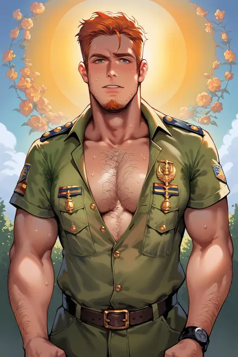 zPDXLxxx, (score_9, score_8_up, score_7_up:1.1), art, concept art, digital painting, source_anime, BREAK 
male, 35 years old, (unbuttoning:1.3) his shirt, medium shot body, soldier, green uniform, war, multiple men, looking at viewer, [dark ginger:blond] hair, stubble, goatee, short hair, hands on hips, war picture, hands on chest, taking shirt off, (large s3t on:1.3) (armpit:0.5), shirt with sweat, big sun, heat, (sweaty:1.1), chest reveal, hairy chest, details, intricate, BREAK
war field, barricades, sunny, light, heat
<lora:Pony_QualityV4.0:0.75> <lora:Smooth Style 2 SDXL_LoRA_Pony Diffusion V6 XL:0.8>  <lora:Sweaty_shirt_PONY_Anime_v1-20-BM1-Rescale:1.15>