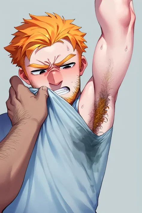 (score_9, score_8_up, score_7_up:1.1), anime art, anime style, vivid colors, digital painting art, detailed, BREAK
(1boy:1.2), (s3t onshirt:1.2), shirt with (sweat:0.5), 
A Irish man, gray tank top shirt, his hand is pointing to his armpit (sweat:1.3), ordering, pointing to himself, bossy, short [ginger::0.25] hair, head tilted to the side, profile, (his nose is sniffing his own armpit:1.2), nose close to armpit, angry sexy expression, upper body, face from the chest up, smelling himself, close-up of the man's upper body, 
slim body, short hair, dark eyes, stubble beard, hairy arms, hairy [red orange-ginger::0.35] armpit hair popping out, Caucasian, high quality, 
 plain background <lora:sweaty_shirt_PONY_Anime_v1_20_BM1:1.55>