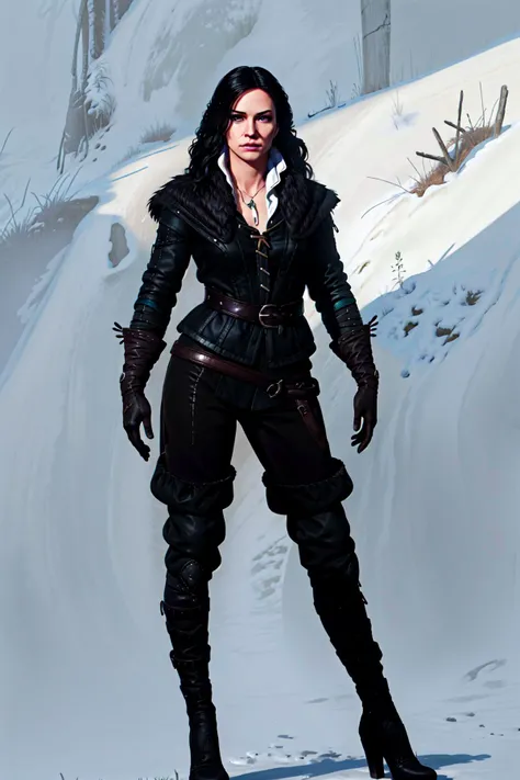 concept art, <lora:yen-06:1>yennefer,defaultcostume, fur trim,jacket, ,black gloves, pants, thigh boots,
