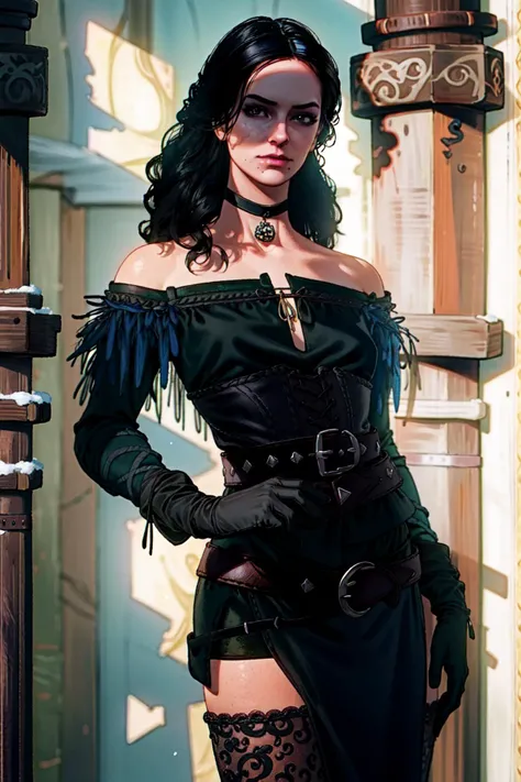 <lora:add_detail:0.2> , <lora:GoodHands-beta2:1> <lora:yen-06:1> yennefer, witcheralt, thighhighs, belt, bare shoulders, black gloves, gothic, black dress, choker, looking at viewer