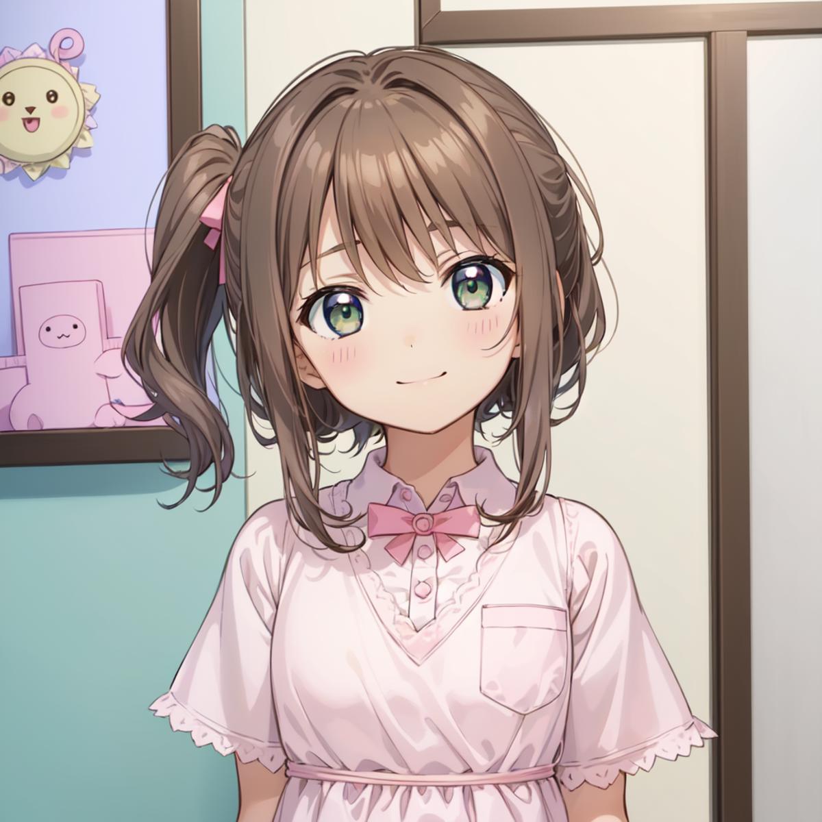 Anime girl with ponytail in pink dress standing in front of a wall ...