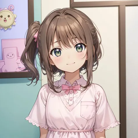 (best quality:1.3),(awesome amazing detailed:1.3),(official art:1.3),(looking at viewer:1.3),(short stature:1.3),(, About 15 years old:1.3), (Fa1.5),
long hair, wavy hair, dark brown hair, side ponytail, green eyes, medium breasts, white shirt, short sleeves, collared shirt, head tilt, Mean smile face, medium breasts,
indoor, (Background of pastel Pink children's room:1.3), blurry background, anime screencap,
masterpiece, best quality