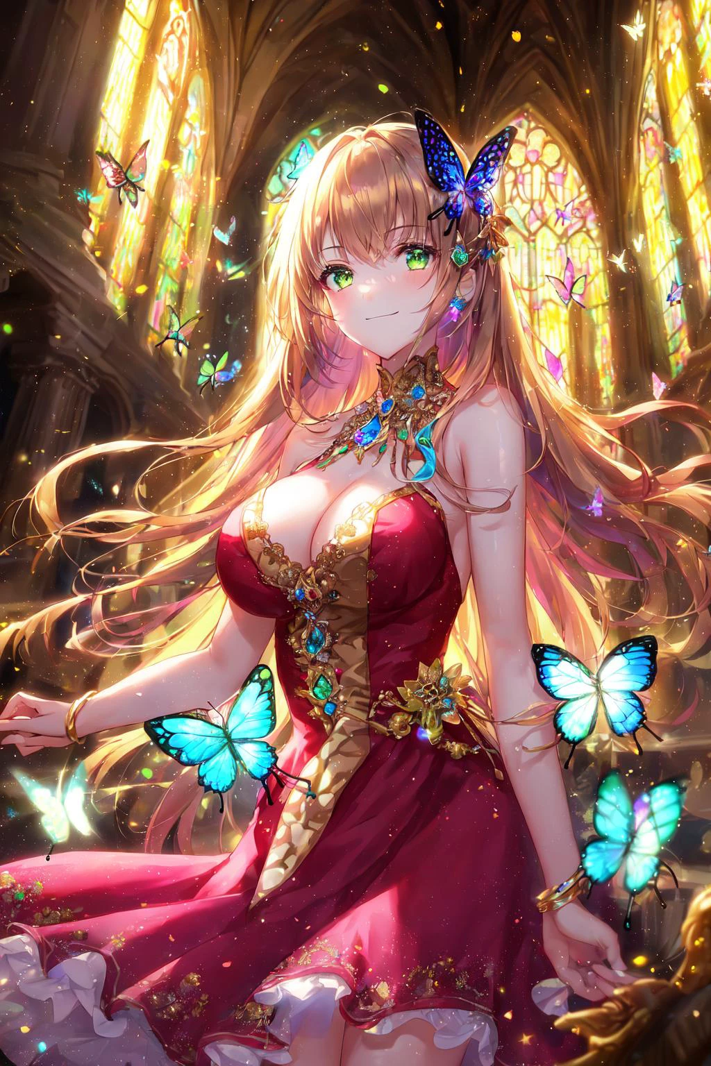 1girl, masterpiece, extremly detailed, ((Cinematic lighting)), (glowing), ((dramatic lighting)), ((beautiful detailed glow)), intricate detail, lens flare, multicolored hair, rainbow hair, long hair, multicolored dress, butterfly hair ornament, butterflies, golden particles, Arms behind back, large breasts, [curvy], cowboy shot, light smile, green eyes, church, stained glass, spotlight, dark background, floating hair, floating hair, looking at viewer,((colorful))