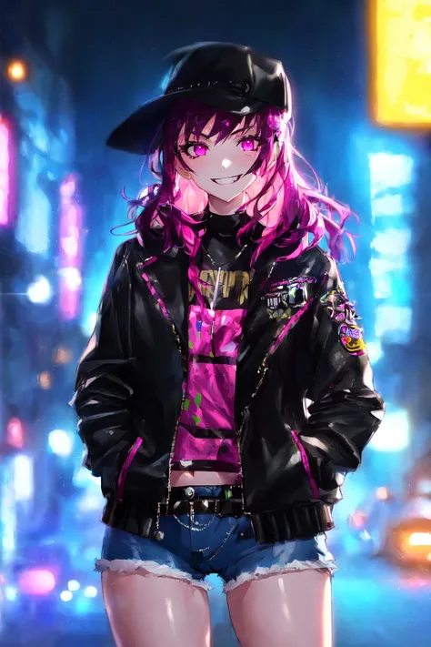 1girl, masterpiece, extremly detailed, ((Cinematic lighting)), (glowing), ((dramatic lighting)), ((beautiful detailed glow)), intricate detail, lens flare, black hair, black hat, evil smile, backlighting, black jacket, colorful shirt, punk, pink eyes, short pants, thighs, hands in pocket, neon lights, city, (night), cowboy shot, punk, open jacket