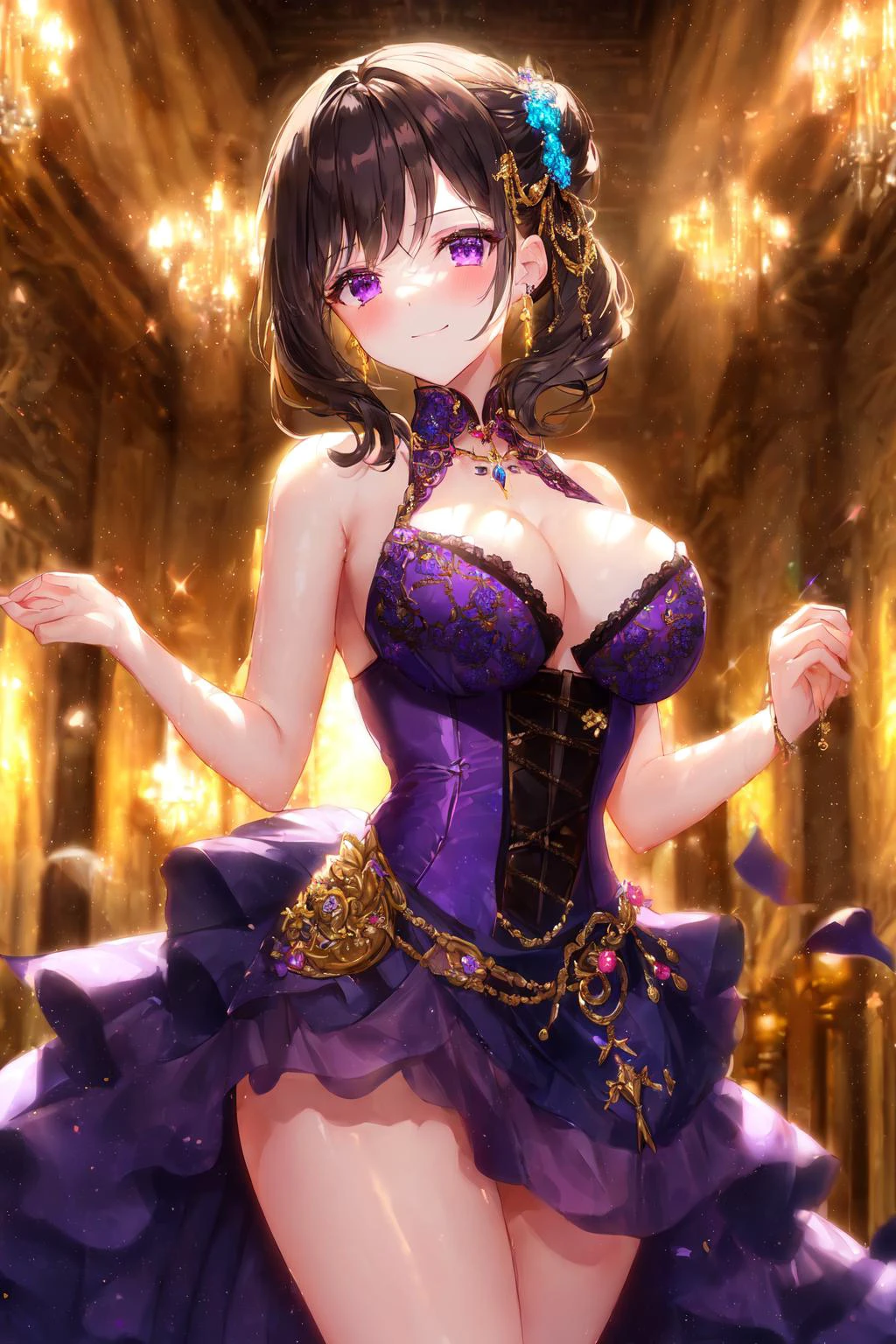 1girl, masterpiece, extremly detailed, ((Cinematic lighting)), (glowing), ((dramatic lighting)), ((beautiful detailed glow)), intricate detail, lens flare, black hair, purple eyes, purple dress, black corset, tight, large breasts, bare shoulders, noble, fluttering dress, frills, spotlight, dancing hall, hall, light smile, half closed eyes, golden embroidery, half updo, detailed background