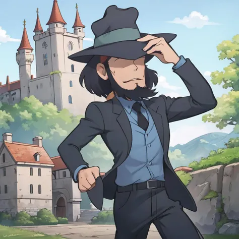 best quality, masterpiece,
running, fleeing, hand on headwear,
castle, blue sky,
1boy, solo, jigen, beard,
hat, formal,
<lora:Lupin_Jigen:0.8>