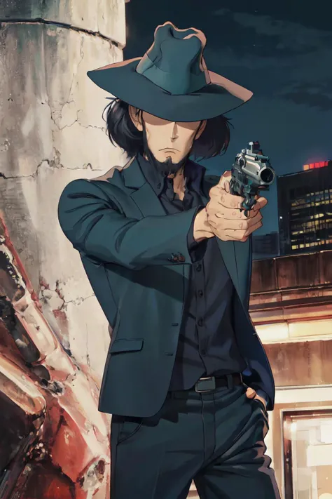 jigen , (best quality, masterpiece, RAW photo,ultra-detailed:1.2), <lyco:GoodHands-beta2:1.0>,1BOY,solo,looking at viewer, balck hair,
<lyco:Jigen:0.95>hat, formal, hide eyes, city, night, <lyco:anime_minimalist_v1-000020:-0.3> handgun, holding pistol,