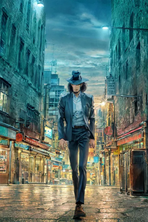 jigen , (best quality, masterpiece, RAW photo,ultra-detailed:1.2), <lyco:GoodHands-beta2:1.0>,1BOY,solo,looking at viewer, balck hair,
<lyco:Jigen:0.95>hat, formal, hide eyes, walking, city, night, <lyco:anime_minimalist_v1-000020:-1.4>