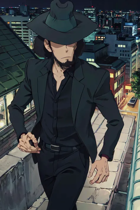 jigen , (best quality, masterpiece, RAW photo,ultra-detailed:1.2), <lyco:GoodHands-beta2:1.0>,1BOY,solo,looking at viewer, balck hair,
<lyco:Jigen:0.95>hat, formal, hide eyes, running, from above, city, night,