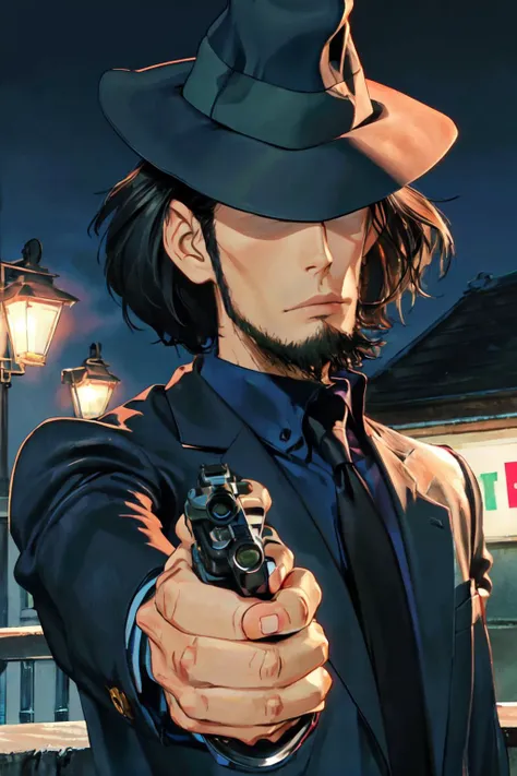 jigen , (best quality, masterpiece, RAW photo,ultra-detailed:1.2), <lyco:GoodHands-beta2:1.0>,1BOY,solo,looking at viewer, balck hair,
<lyco:Jigen:0.95>hat, formal, hide eyes, city, night, <lyco:anime_minimalist_v1-000020:-0.3> handgun, holding pistol,