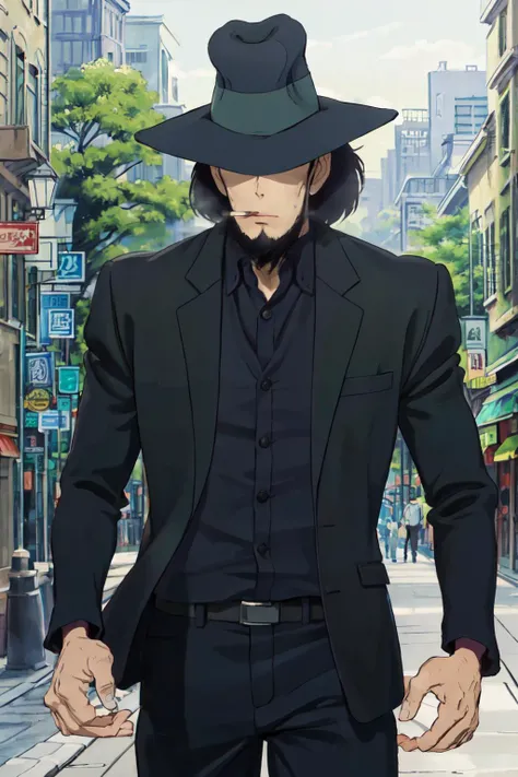 jigen , (best quality, masterpiece, RAW photo,ultra-detailed:1.2), <lyco:GoodHands-beta2:1.0>,1BOY,solo,looking at viewer, balck hair,
<lyco:Jigen:1>hat, formal,smoking, hide eyes, running,