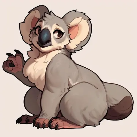 Solo, Furry, Anthro, Koala, Female, E621, Standing, Naked, Small Curves, Front view, Small ass, Hands behind back, Small breasts, Plain background, by buta99:1.2, goonie-san, meesh, zaush