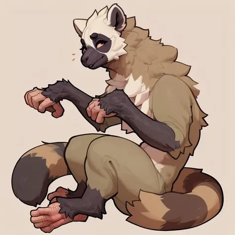 by inkplasm, (by bigcozyorca:0.8), by cumbread, by ismail inceoglu, by nezumi \(artist\),
(photorealistic,:1.2) SFW, (blank_expression,:1.2) looking_at_viewer, side view, solo, (feral, lemur, primate, white fur, grey fur, two tone fur, fluffy, long arms, hand feet, striped tail:1.4), full-length portrait,
simple background, white background,
<lora:astyle_Furtastic_Detailer:1>