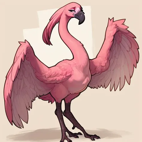 by inkplasm, (by bigcozyorca:0.8), by cumbread, by ismail inceoglu, by nezumi \(artist\),
(photorealistic,:1.2) SFW, (blank_expression,:1.2) looking_at_viewer, side view, solo, (feral, flamingo, wings, winged arms, tail feathers, long neck, long legs, pink feathers, webbed feet, scutes:1.4), full-length portrait,
simple background, white background,
<lora:astyle_Furtastic_Detailer:1>