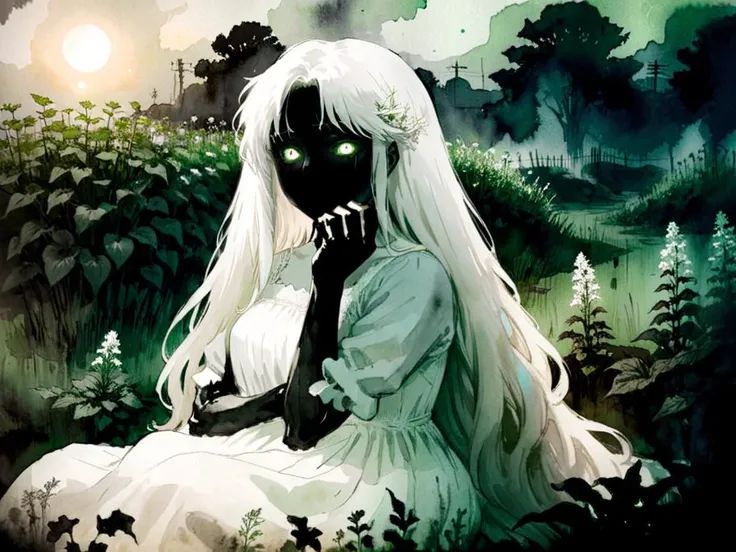 Horror-themed 1girl with long white hair sitting in a field of green plants and flowers, her hand under her chin, warm lighting, white dress, looking at the viewer, blurry foreground, anime <lora:Aether_Watercolor_and_Ink_v1_SDXL_LoRA:0.8> watercolor, ink, sketch . Eerie, unsettling, dark, spooky, suspenseful, grim, highly detailed