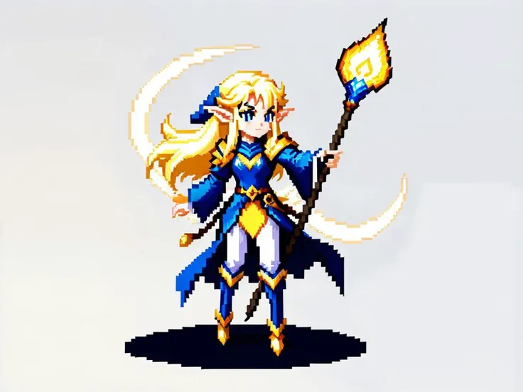 pixel-art A blonde female high elf mage casting magic with her staff, dynamic pose, anime <lora:Aether_Watercolor_and_Ink_v1_SDXL_LoRA:0.8> watercolor, ink, sketch . low-res, blocky, pixel art style, 8-bit graphics